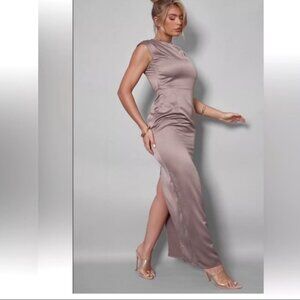 PRETTY LITTLE THING Taupe Satin Cutout Back Midi Dress Size 4 NEW NWT